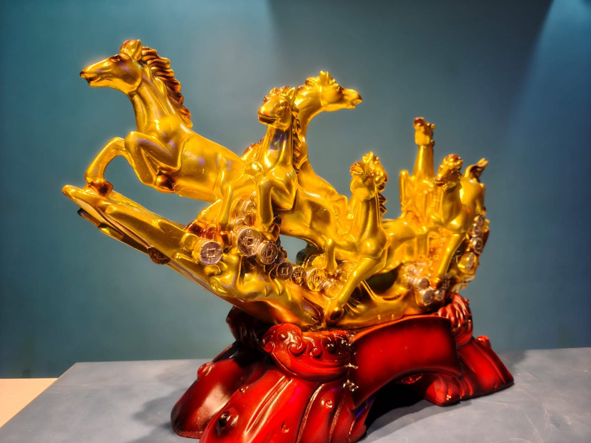 Golden Seven Lucky Horses Decorative Showpiece GI0005, angled view