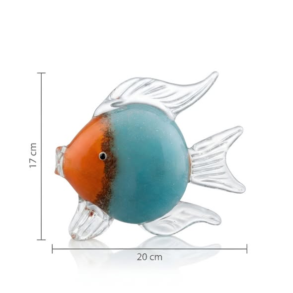 Crystal Blue and Orange Glass Fish Showpiece GI0019, approximately 17 cm high and 20 cm wide