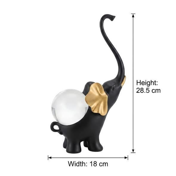 Black and Golden Elephant Decorative Showpiece GI0022, approximately 28.5 cm high and 18 cm wide