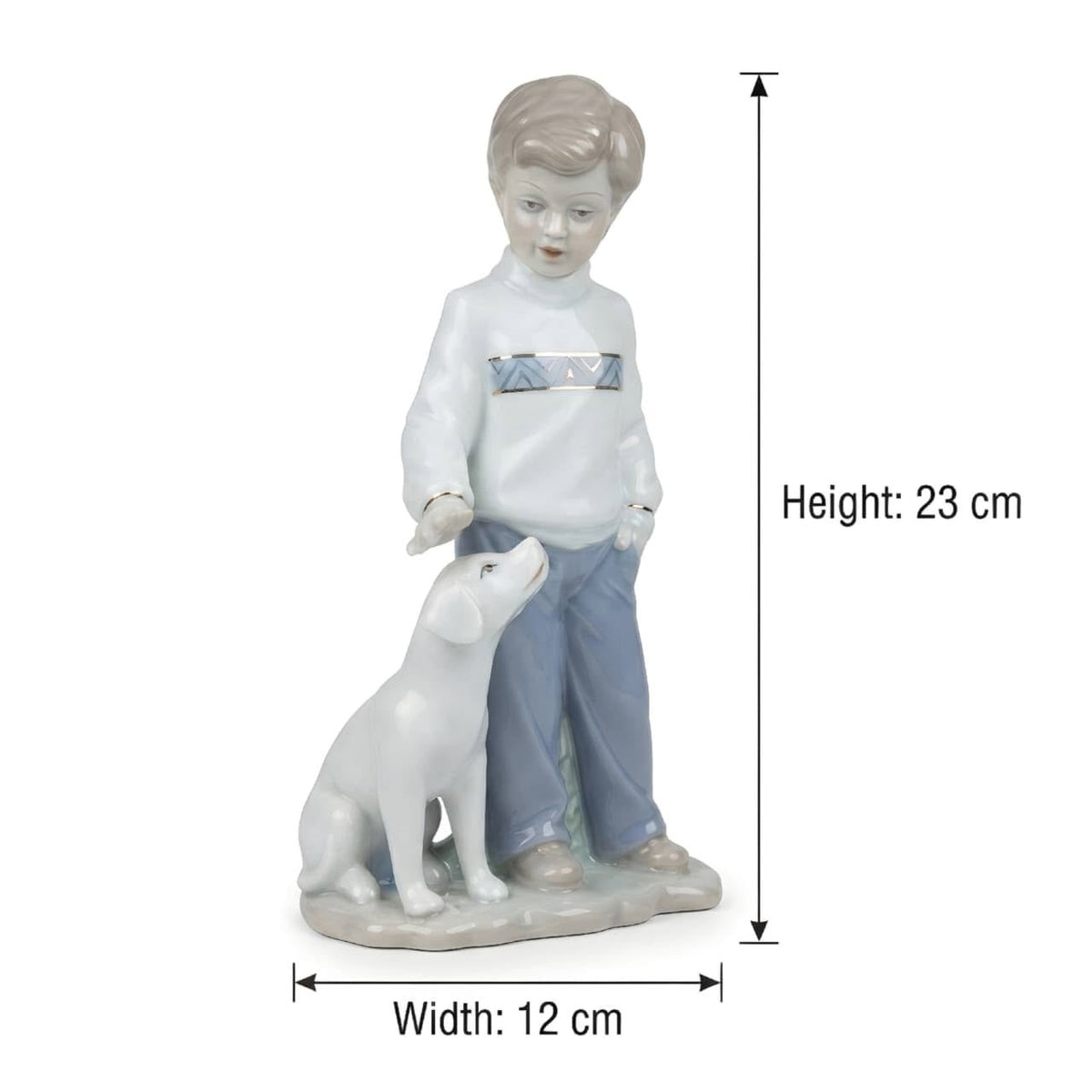 Premium Ceramic Boy with Dog Showpiece GI008, approximately 23 cm high and 12 cm wide